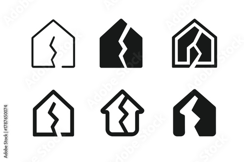 Property Damage Logos. Property damage risk. Set Logo of Property damage risk: house with fracture line. harmonious logo variations of the same emblematic
