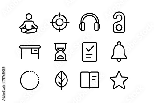 Mindful Work Icons. Mindfulness at work. Line icon set of mindfulness at work: meditation pose, focus target, noise-cancel headphones, do not disturb hanger,