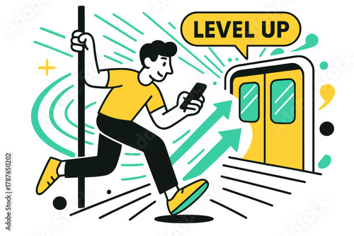 Subway Gaming Adventure. Playing a mobile game on the go ? Subway sprint. One hand grips the pole, the other flicks to dodge obstacles; neon tunnel lines blur.