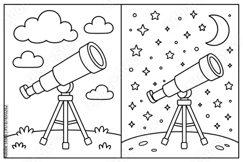 Earth and Space Contrast. Ground vs space comparison children?s coloring book illustration, outlined drawing, a split scene showing a telescope under clouds on