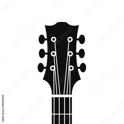 Black guitar headstock on white background is an isolated illustration. This headstock is a simple, sleek musical instrument component, with strings and tuning pegs.