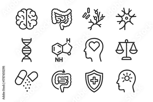 Gut-Brain Axis Icons. Microbiome and brain. Line icon set of gut-brain axis: brain, intestine, bacteria, neuron, dna strand, serotonin icon, mental health