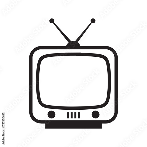 Retro TV icon. Vintage television with antenna symbol, old classic technology entertainment media graphic vector illustration isolated on white background.