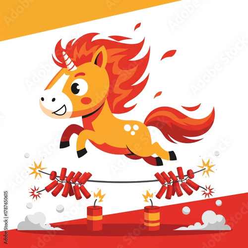 A cheerful cartoon unicorn leaps over lit firecrackers, celebrating with joy and energy.