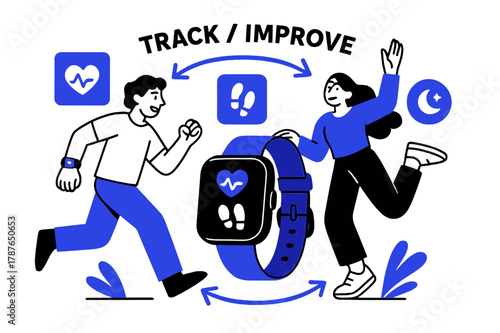Wearable Health Icons. Healthcare Tech ? Wearable Devices. A wristband and smartwatch display health icons?heart rate, steps, sleep. Arrows circle around