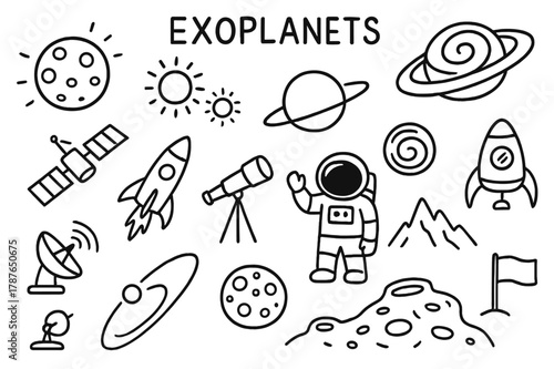 Exoplanet Exploration Doodles. Exoplanets. Hand-drawn doodle illustration alien planet, double suns, ringed world, atmosphere swirl, satellite, rocket,