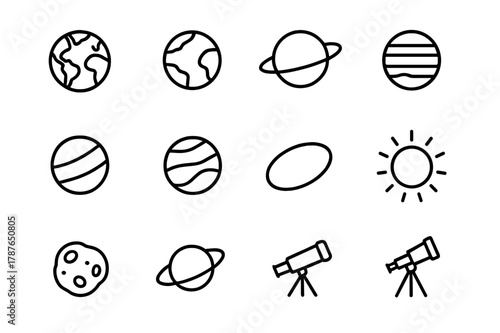 Planetary Line Icon Set. Planets and orbits. Line icon set of planets: earth, mars, saturn, jupiter, neptune, venus, mercury, orbit line, sun, asteroid, ring