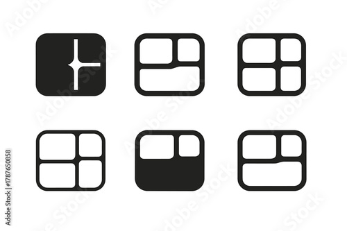Snack Box Logos. Packing lunch. Set Logo of Packing lunch: Snack box with dividers. Icon set. harmonious logo variations of the same emblematic concept, each