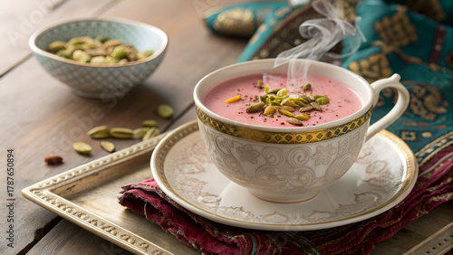 Authentic Kashmiri Pink Tea with Pistachios and Almonds in Traditional Cup – Steaming Noon Chai Photography