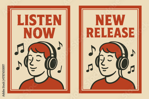 Retro Music Banners. Listeners. Two vertical A6 banners with safe margins, centered composition, no elements touching edges, retro, red and beige, music notes,