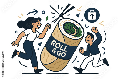 Sushi Burrito Fusion. Sushi burrito mashup. A giant roll is tucked like a wrap as rice and greens stream into a tight spiral; ?Roll & Go? glows on the paper