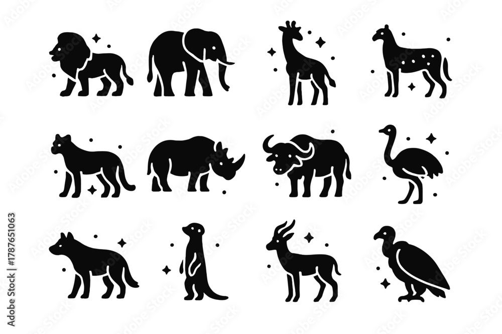 Obraz premium Savanna Animal Icons. Savanna Animals. Solid icons set of Savanna Animals: lion, elephant, giraffe, zebra, cheetah, rhino, buffalo, ostrich, hyena, meerkat,