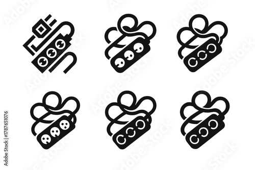 Power Strip Logos. Power strip clutter. Set Logo of Power strip clutter: overloaded strip with loops. harmonious logo variations of the same emblematic