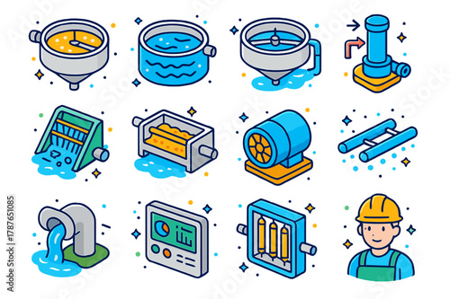Isometric Wastewater Icons. Wastewater treatment plant. Colorful isometric vector icons set of Wastewater treatment plant: primary clarifier, aeration tank,