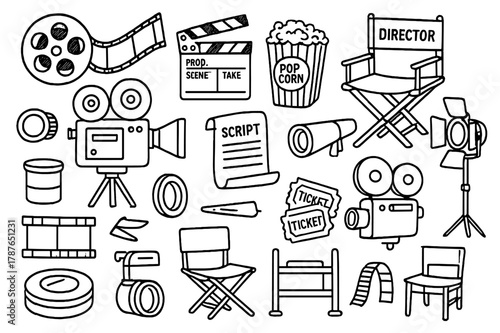 Cinematic Doodle Icons. Cinematic Elements. Hand-drawn doodle illustration Cinematic Elements film reel, movie tape, clapperboard, director?s chair, camera,