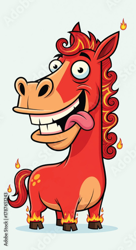 Cartoon horse with flames around its hooves and mane, smiling widely.