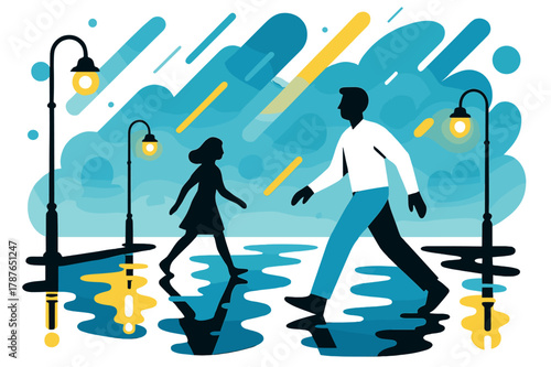 City Reflection Artistry. City Reflections. Street lamps shimmer on wet pavement, blurred light streaks floating diagonally. Minimal silhouettes fade into