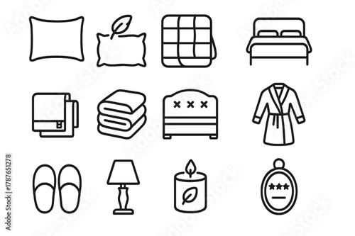 Luxury Bedding Icons. Luxury Bedding. Line icon set of Luxury Bedding: silk pillowcase, feather pillow, comforter, bed runner, high thread sheet, duvet,