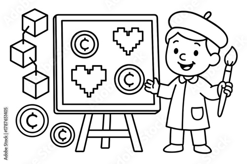Blockchain Art Coloring. Blockchain art and cryptocurrency concepts children?s coloring book illustration, outlined drawing, a smiling artist character holding