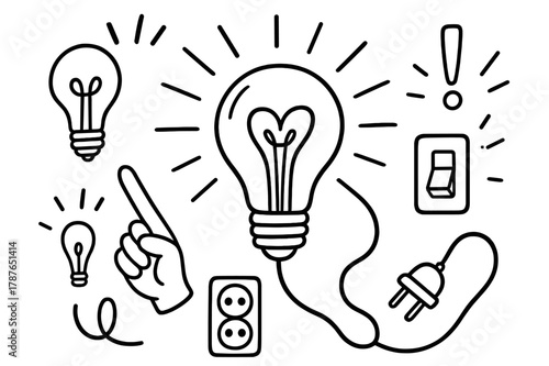 Doodled Light Bulb Icons. Light bulb. Hand-drawn doodle illustration light bulb glowing bulb, filament, idea symbol, spark lines, plug, switch, socket, wire,