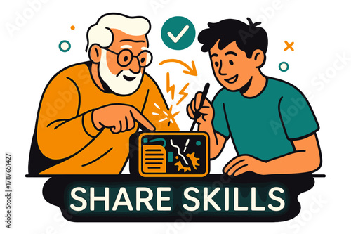 Skill Sharing Scene. Elderly ? Mentoring Moment. A senior shows a teenager how to fix a small radio; spark lines and checkmarks mark each step. Caption ?share