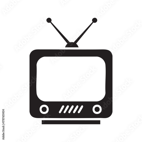 Retro TV icon. Vintage television with antenna symbol, old classic technology entertainment media graphic vector illustration isolated on white background.