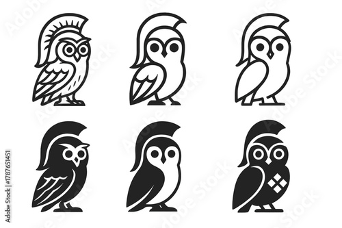 Mystical Deity Logos. Ancient gods and goddesses in a mystical landscape. Set Logo of Ancient gods and goddesses in a mystical landscape: Athena owl. Icon set.