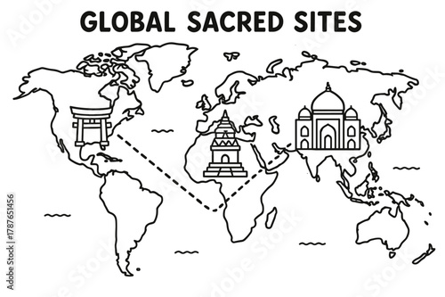 Global Sacred Sites Map. Global sacred sites children?s coloring book illustration, outlined drawing, a simple world map with tiny landmark icons like a