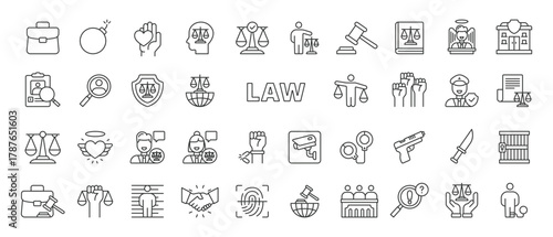 Law work icons in line design. justice, court, lawyer, judge, scales, legal, document, contract, agreement, legislation on white background vector. Law work editable stroke icons