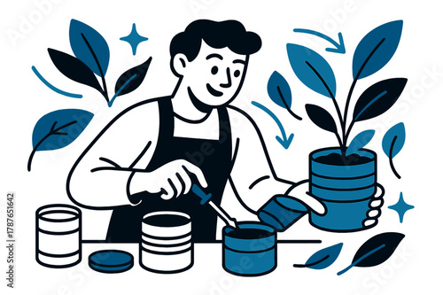 Eco-Friendly Planter Craft. Upcycling and creative reuse of materials. Person making planters from old cans with abstract floating leaves, arrows,