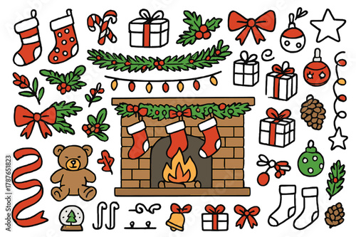 Festive Christmas Doodle. Christmas decorations. Hand-drawn doodle illustration Christmas stockings (colored), fireplace (colored), mantel (colored), candy