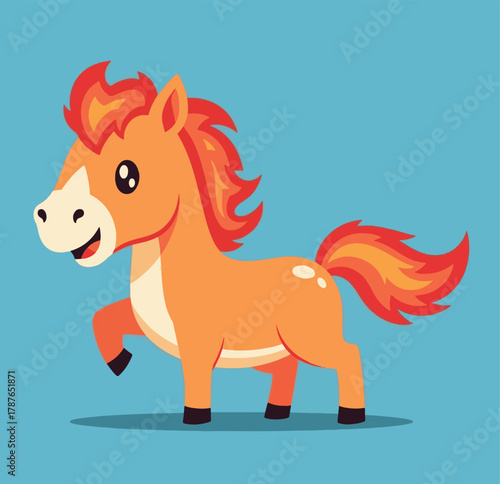 Cartoon illustration of a cute orange horse with a fiery mane and tail, standing on a blue background.