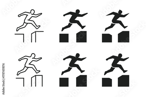 Parkour Logo Variations. Urban parkour. Set Logo of Urban parkour: rooftop leap silhouette. harmonious logo variations of the same emblematic concept, each