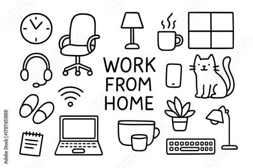 Home Office Doodle. Work from home. Hand-drawn doodle illustration work from home laptop, cat, mug, slippers, window, lamp, headset, chair, notebook, clock,