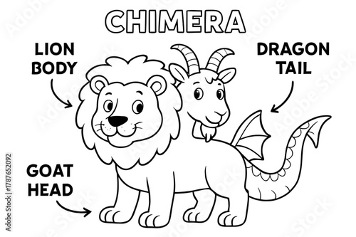 Chimera Coloring Page. Parts of a chimera children?s coloring book illustration, outlined drawing, three labeled sections showing lion body, goat head, and