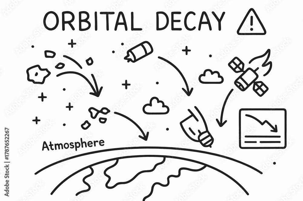Naklejka premium Orbital Decay Illustration. Orbital decay. Hand-drawn doodle illustration orbital decay Earth, debris trajectory, falling satellite, heat trail, broken rocket,