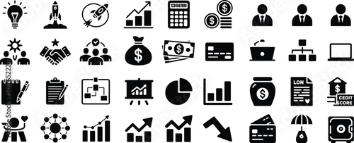 Business and Finance Black Silhouette Icon Set Representing Growth Strategy and Financial Management Solutions for Entrepreneurs