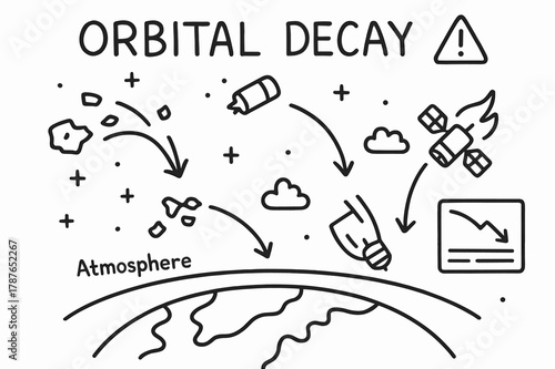 Orbital Decay Illustration. Orbital decay. Hand-drawn doodle illustration orbital decay Earth, debris trajectory, falling satellite, heat trail, broken rocket,