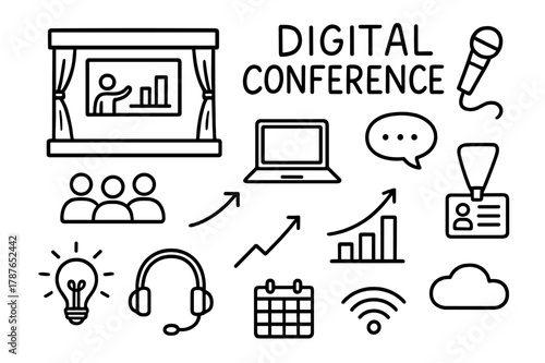 Digital Conference Icons. Digital conference. Hand-drawn doodle illustration digital conference stage screen, microphone, laptop, audience icons, presentation