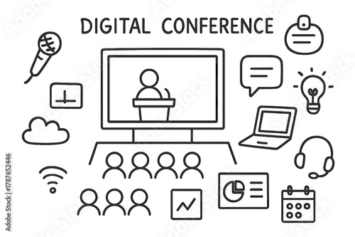 Digital Conference Icons. Digital conference. Hand-drawn doodle illustration digital conference stage screen, microphone, laptop, audience icons, presentation
