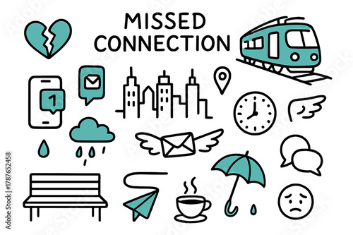 Missed Connection Icons. // Missed connection. Hand-drawn doodle illustration missed connection [broken heart (accented), train departing (accented), phone