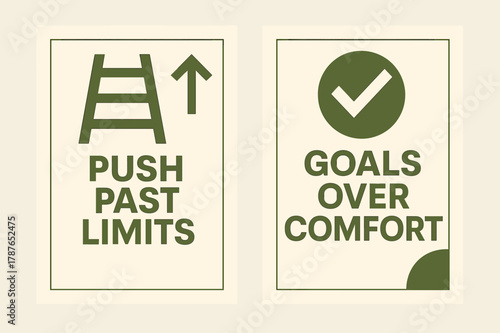 Geometric Inspiration Banners. Push past limits. Two vertical A6 banners with safe margins, centered composition, no elements touching edges, geometric, olive