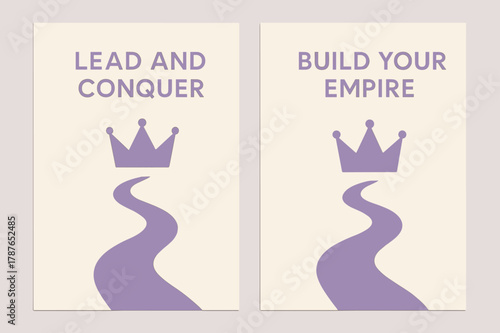 Empire Building Banners. Lead and conquer. Two vertical A6 banners with safe margins, centered composition, no elements touching edges, minimal, lavender and