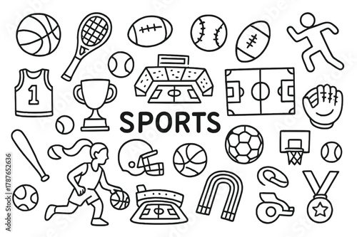 Sports Doodle Icons. Sports. Hand-drawn doodle illustration acquiring knowledge balls, bats, rackets, gloves, jerseys, athletes, stadiums, fields, courts,
