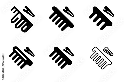 Haircutting Logo Set. Haircutting comb and clips. Set Logo of Haircutting comb and clips: Wide-tooth detangling comb. Icon set. harmonious logo variations of