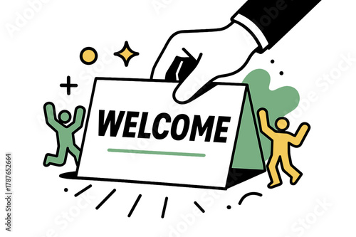 Welcome Card Placement. Hand Placing the Card. A gloved hand lowers a neat card that reads ?Welcome,? motion lines showing the gentle set-down. Soft highlights