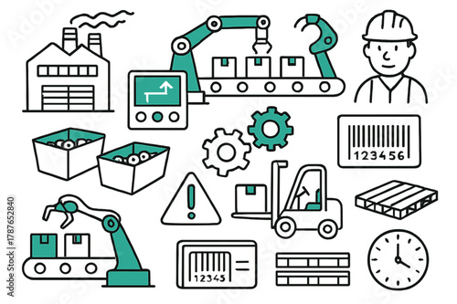 Factory Assembly Scene. // Factory assembly. Hand-drawn doodle illustration Factory assembly [factory building front, assembly line (accented), conveyor belt,