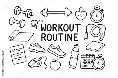 Workout Essentials Icons. Workout routine. Hand-drawn doodle illustration workout routine dumbbells, barbell, stopwatch, mat, shoes, heartbeat, jump rope,