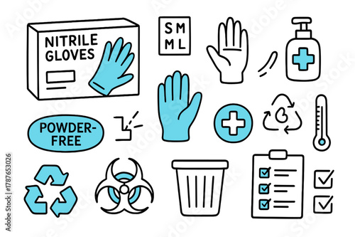 Nitrile Gloves Illustrated. // Nitrile disposable gloves. Hand-drawn doodle illustration nitrile disposable gloves [glove box (accented), single nitrile glove