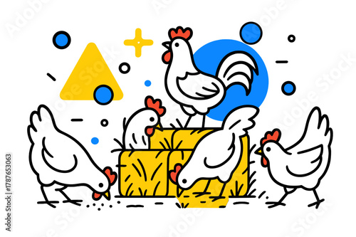 Geometric Poultry Farm. Poultry Farm. Chickens pecking around hay bales with floating abstract geometric shapes and soft glowing accents, lively and productive